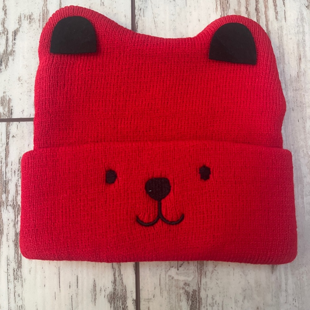 Unisex Toddler Knit Hat – Red Bear Pattern Beanie | Warm Fall & Winter Cap